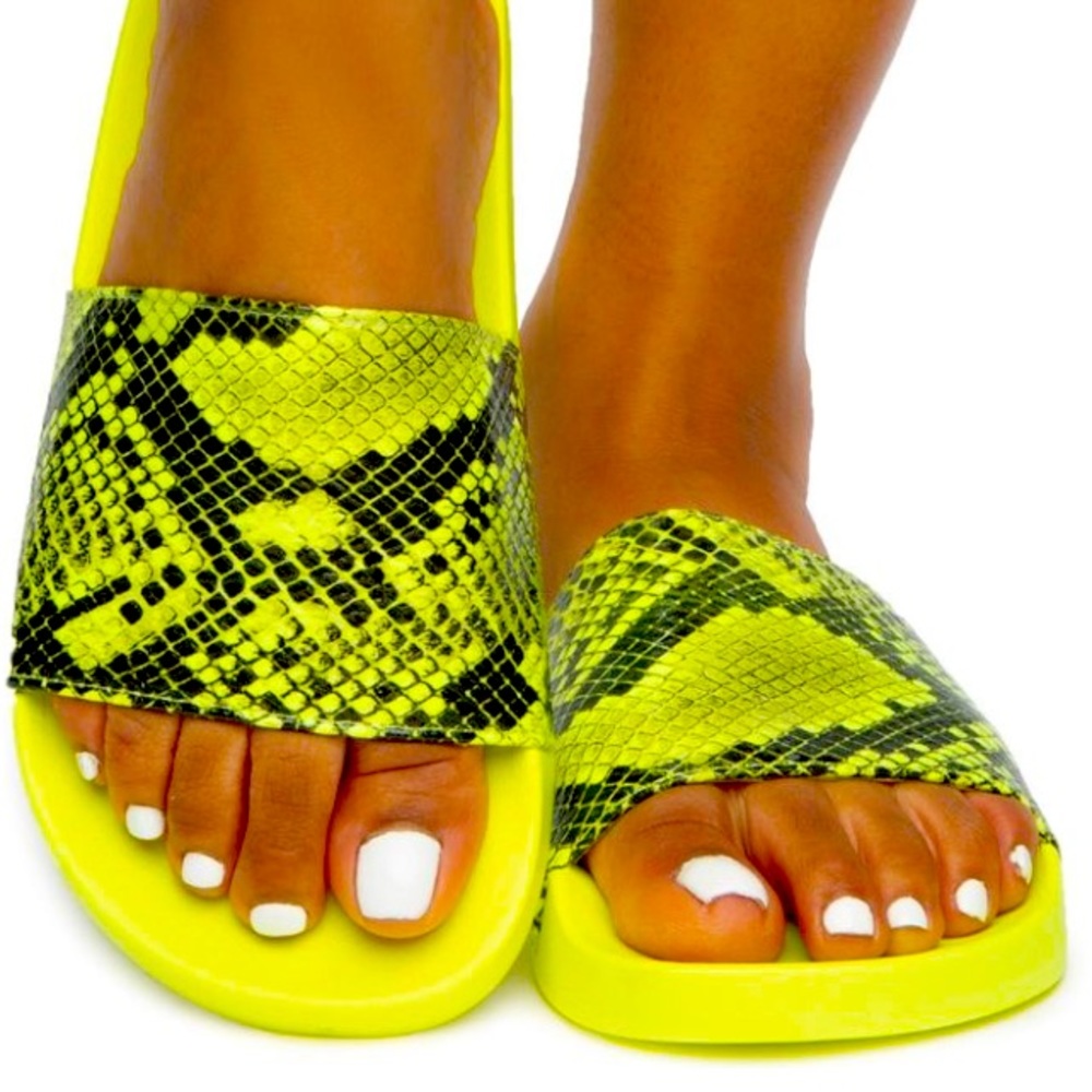 Snakeskin Neon Yellow Slides